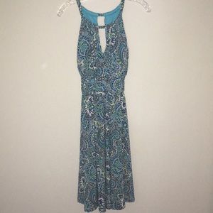 Navy, green, white paisley sleeveless dress